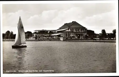 Ak Hannover, Maschsee Nordufer, Gaststätte, Segelboot
