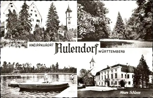 Ak Aulendorf in Württemberg, altes und neues Schloss mit Kirche, Kurpark, Steeger See