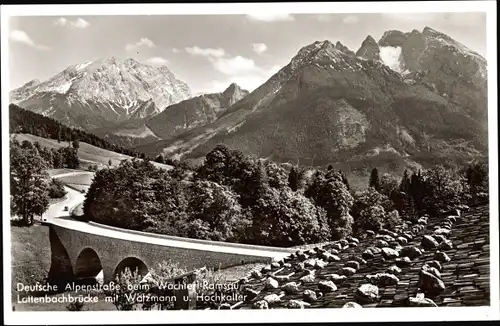 Ak Ramsau Oberbayern, Deutsche Alpenstraße beim Wachterl, Lattenbachbrücke, Watzmann, Hochkalter