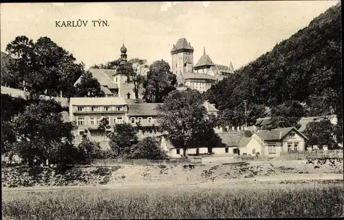 Ak Karlštejn Karlstein Mittelböhmen, Karluv Tyn, Teilansicht mit Burg