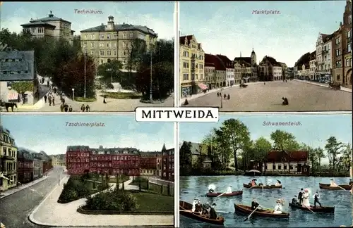 Ak Mittweida in Sachsen, Stadtansichten, Technikum, Marktplatz, Tzschirnerplatz, Schwanenteich