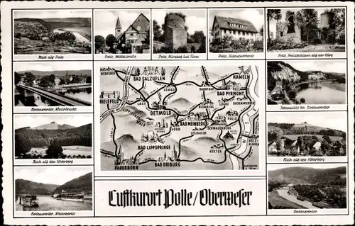 Landkarten Ak Polle an der Weser in Niedersachsen, Bodenwerder, Weserbrücke, Köterberg, Steinmühle