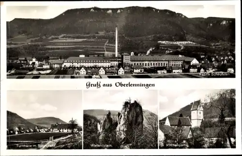 Ak Oberlenningen Lenningen, Panorama, Wielandstein, Turnhalle, Kirchenpartie, Bahnhofgaststätte