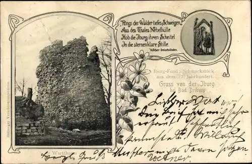 Ak Bad Driburg in Westfalen, Ruine Iburg, Wartturm, Iburg Fund, Schmuckstück 12. Jh.