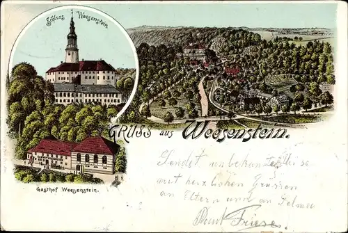 Litho Weesenstein Müglitztal in Sachsen, Schloss Weesenstein, Gasthof, Blick auf den Ort