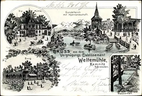 Litho Dresden Cotta Kemnitz, Vergnügungsetablissement Weltemühle, Alpenlandschaft, Burg, Wasserfall