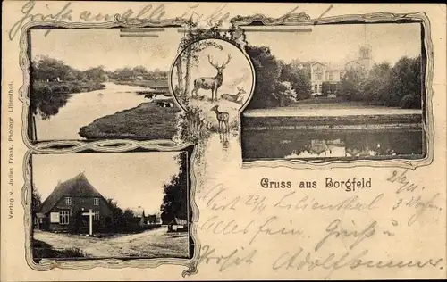 Ak Borgfeld Hansestadt Bremen, Schloss, Haus mit Reetdach