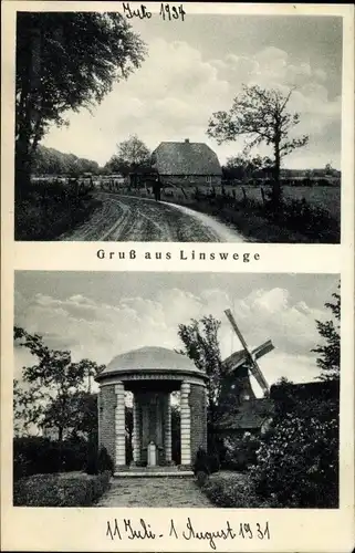 Ak Linswege Westerstede im Kreis Ammerland, Straßenpartie, Windmühle, Denkmal
