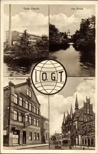 Ak Neumünster in Holstein, I.O.G.T., Tuchfabrik, Teich, Rathaus, Cafe Neuland