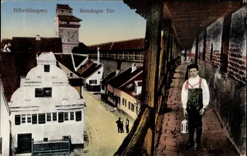 Ak Nördlingen im Nördlinger Ries Schwaben, Reimlinger Tor, Mann in Tracht