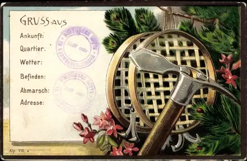 Präge Litho Spitzhacke, Haken, Blumen, Bergsteigen