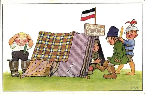 Künstler Ak Kinder spielen Soldaten, Kriegsgefangener, Zelt