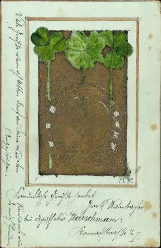 Handgemalt Ak Kleeblätter, Hufeisen