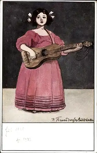 Künstler Ganzsachen Ak Frauendorfer Mühlthaler, Mädchen mit Gitarre, Ausstellung München 1910
