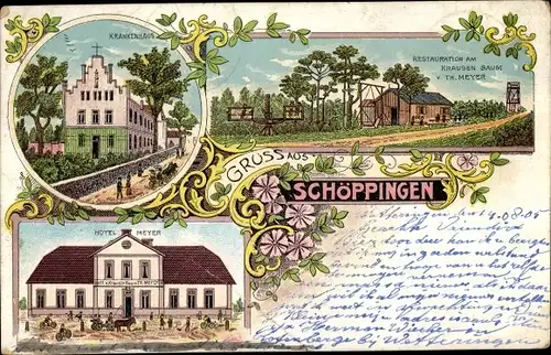 Litho Schöppingen im Münsterland in Nordrhein Westfalen, Krankenhaus, Hotel Meyer, Restaurant Meyer