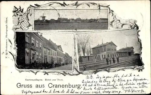 Ak Cranenburg Kranenburg am Niederrhein, Bahnhof, Gleisseite, Hotel zur Post, Windmühle