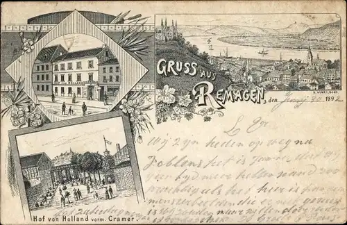 Vorläufer Litho Remagen am Rhein, Hof von Holland, Blick auf den Ort, 1892