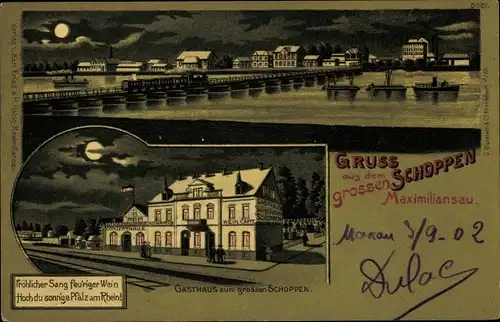 Mondschein Litho Maximiliansau Wörth am Rhein, Gasthaus zum großen Schoppen, Schiffbrücke