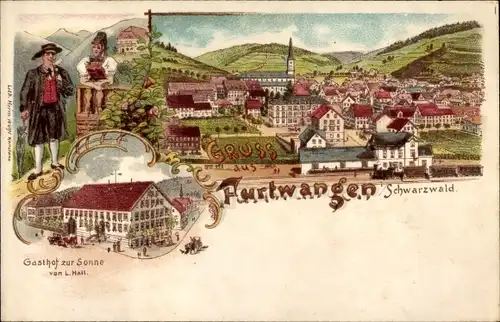 Litho Furtwangen im Schwarzwald, Trachten, Totalansicht der Ortschaft, Gasthof zur Sonne, Bahnhof