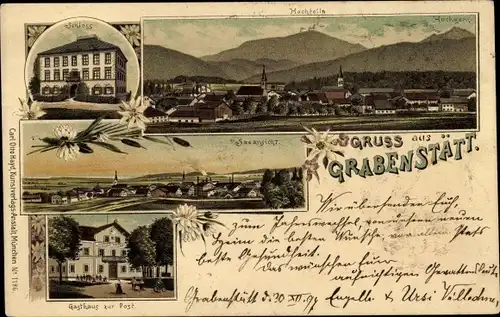 Litho Grabenstätt in Oberbayern, Schloss, Seeansicht, Gasthaus zur Post, Hochfelln