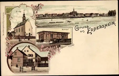 Litho Eddersheim Hattersheim am Main, Bahnhof, Gleisseite, Kirche, Blick auf den Ort