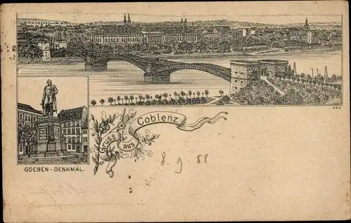 Vorläufer Litho Koblenz am Rhein, Stadtansicht, Goeben Denkmal, 1888