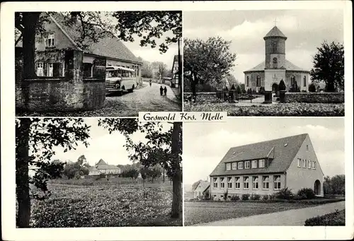 Ak Gesmold Melle in Niedersachsen, Kirche, Autobus, Ortsansichten