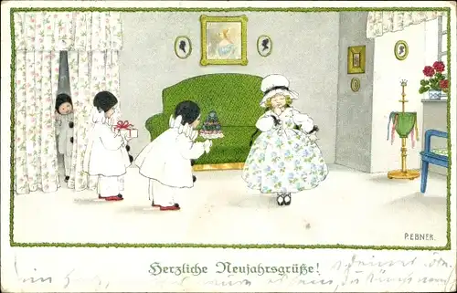 Künstler Ak Ebner, Pauli, Glückwunsch Neujahr, Mädchen, Harlekins mit Geschenken
