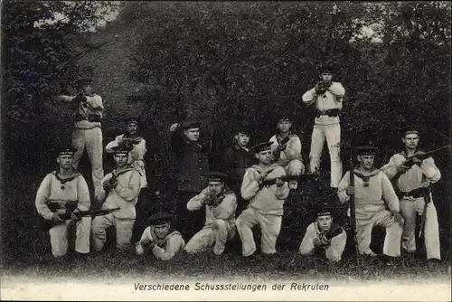 Ak Kaiserliche Marine, Matrosen, Verschiedene Schussstellungen der Rekruten