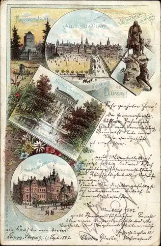 Litho Leipzig, Augustusplatz, Napoleonstein, Neues Theater, Buchhändlerhaus, Bismarckdenkmal