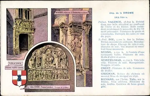 Wappen Ak Die Drôme, Valence, Maison dupre L'Atour, Cathedrale, Romans, Eglise St. Bernard