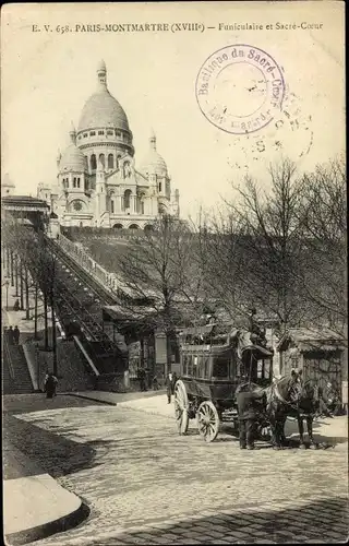 Ak Paris XVIII. Arrondissement Buttes-Montmartre, Funiculaire et le Sacre Coeur, Kutsche