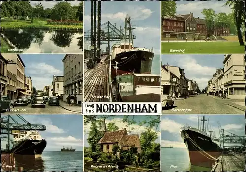 Ak Nordenham in Oldenburg Niedersachsen, Bahnhof, Bahnhofstraße, Pier, Kirche, Schiff, Gateteich