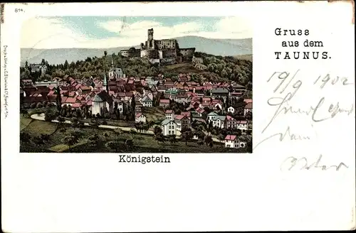 Litho Königstein im Taunus Hessen, Panorama vom Ort