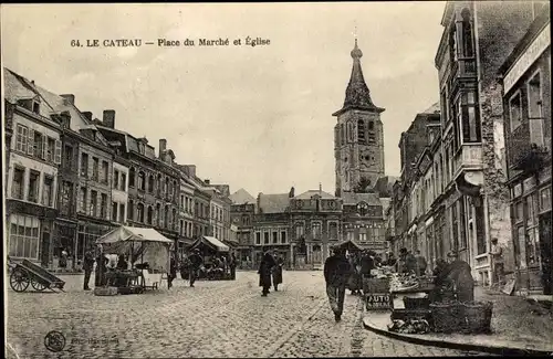 Ak Le Cateau Cambrésis Nord, Place du Marché et Eglise