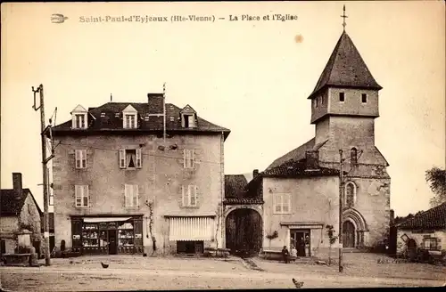Ak Saint Paul d'Eyjeaux Haute Vienne, La Place et l'Eglise