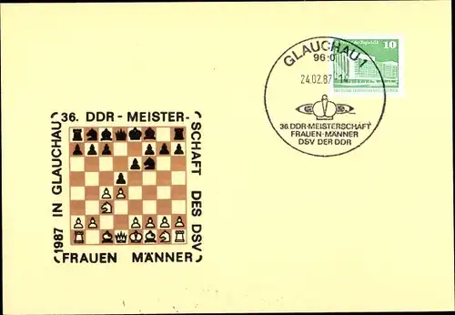 Ak Schach, Aufdruck:  36. DDR Meister des DSV, Frauen, Männer, 1987 in Glauchau, Schachmeisterschaft