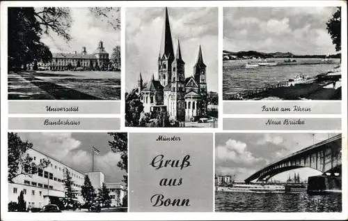 Ak Bonn am Rhein, Universität, Münster, Bundeshaus, Neue Brücke, Partie am Rhein