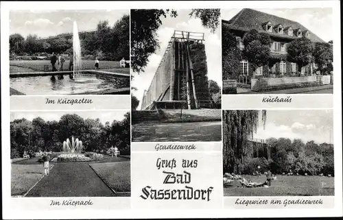 Ak Bad Sassendorf im Kreis Soest, im Kurgarten, Kurhaus, Kurpark, Liegewiese am Gradierwerk