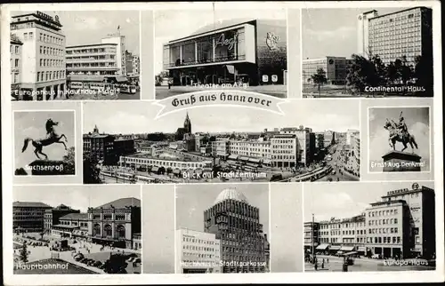 Ak Hannover in Niedersachsen, Hauptbahnhof, Europa Haus, Sachsenroß, Stadtzentrum, Theater Aegi