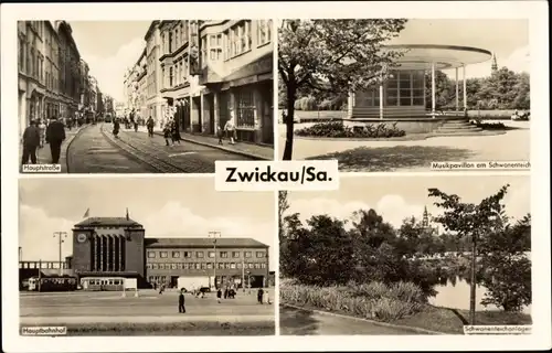 Ak Zwickau Sachsen, Hauptbahnhof, Musikpavillon am Schwanenteich, Hauptstraße