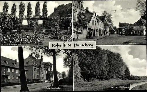 Ak Pinneberg in Schleswig Holstein, Rosengarten, Damm, Bahnhofstraße, Mühlenau