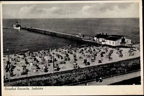 Ak Ostseebad Zinnowitz auf Usedom, Strand und Seebrücke
