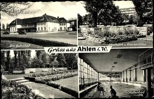 Ak Ahlen im Münsterland Westfalen, Bahnhof, Stadtpark, Krankenhaus, Hallenbad