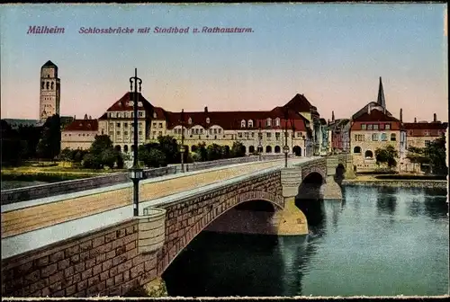 Ak Mülheim an der Ruhr, Schlossbrücke mit Stadtbad und Rathausturm