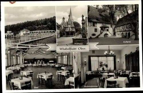 Ak Michelstadt Odenwald, Gaststätte Schmeckers Garten, Rathaus, Stadion, Kellerei