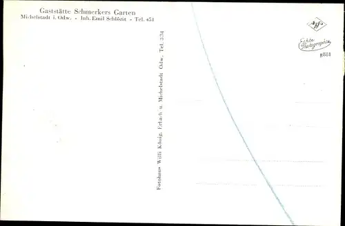 Ak Michelstadt Odenwald, Gaststätte Schmeckers Garten, Rathaus, Stadion, Kellerei