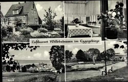 Ak Willebadessen in Westfalen im Eggegebirge, Pension Fehres, Veranda, Schloss, Stadtpark