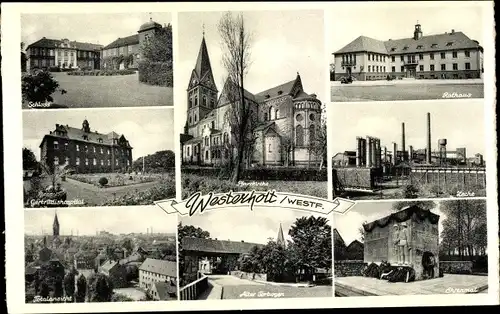 Ak Westerholt Herten im Ruhrgebiet, Schloss, Ehrenmal, Zeche, Rathaus, Totale, Pfarrkirche