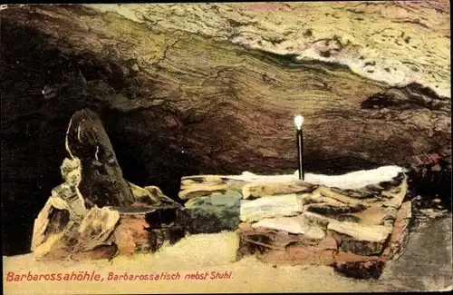 Ak Rottleben Kyffhäuserland, Barbarossahöhle, Tisch nebst Stuhl